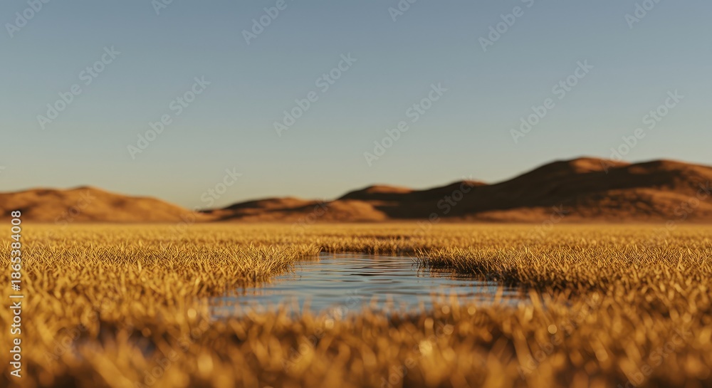 Fototapeta premium Golden desert landscape with a small puddle