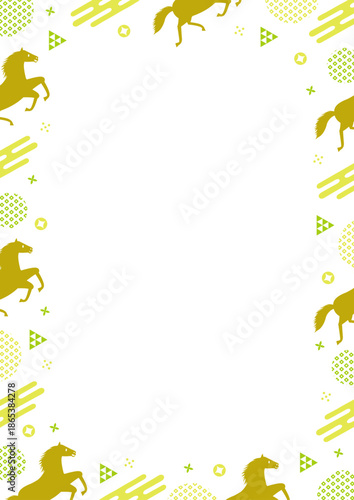 午年をイメージした走る馬と和柄のPOPなフレーム_白背景_緑
