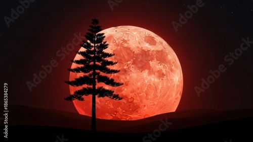 Dramatic silhouette of a tall pine tree against a massive, glowing blood red moon in a dark night sky with faint stars