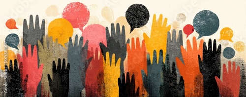 Diverse crowd with raised hands celebrating in a colorful, energetic gathering