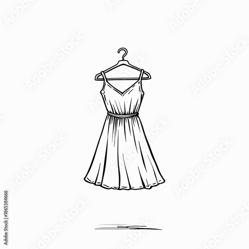 Elegant dress hanging on a hanger in minimalist sketch style  
