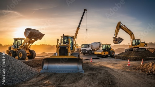 Heavy Machinery and Equipment at a Construction Site at Dusk