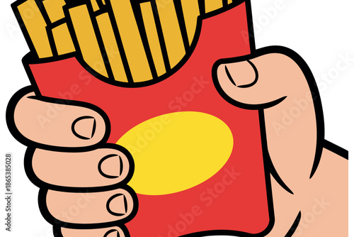 A hand holding a red box of french fries with a yellow circle on it