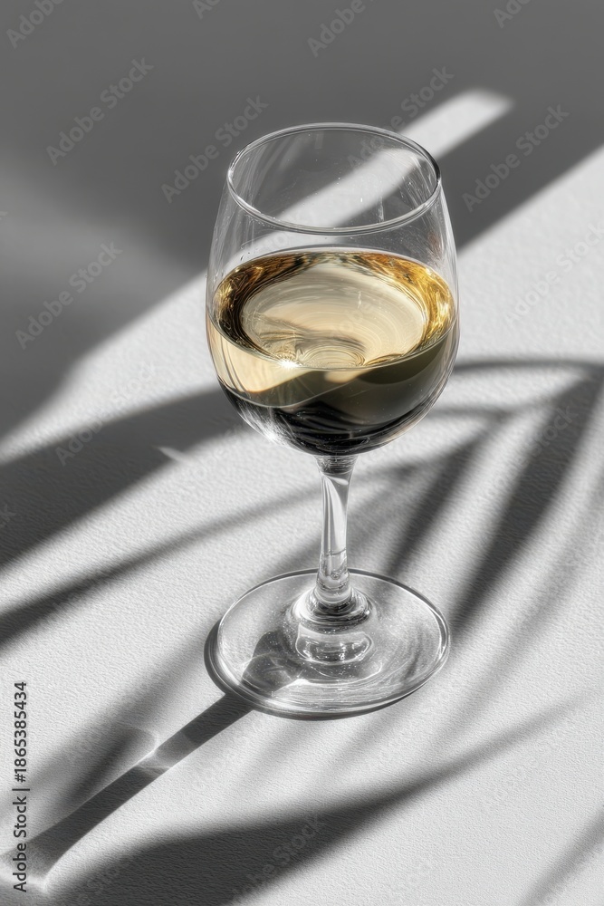 Fototapeta premium Elegant white wine glass on a white background with dramatic shadows and light