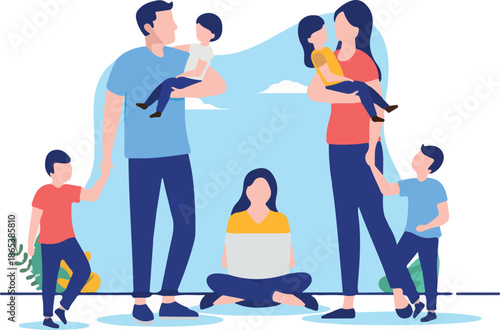 Parents with many children - Family of mom and dad with five kids standing. Flat design vector illustration with white background.