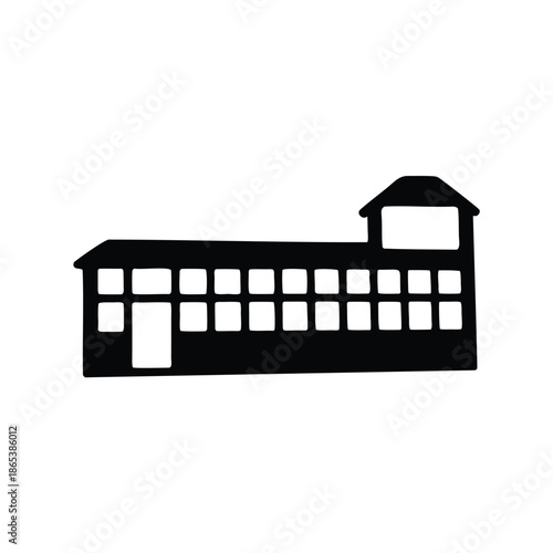 Stylized black and white vector drawing of a single level building