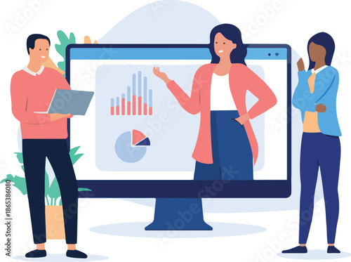 Webinar live - Online business course and lecture meeting on computer screen with people using laptop and talking together. Flat design vector illustration with white background.