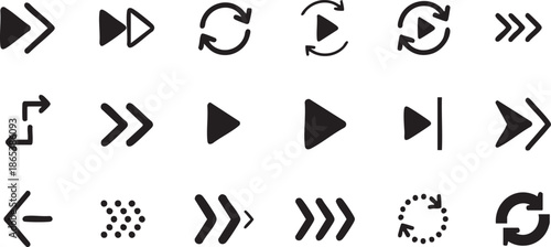 Simple black arrow icons and multimedia playback control symbols