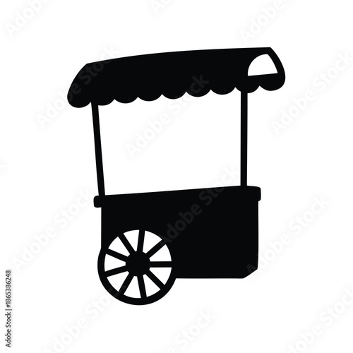 Silhouette of a charming food cart with striped awning and wheel