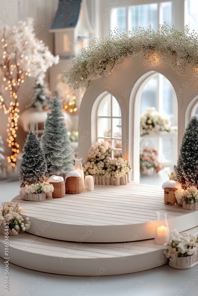 Fototapeta premium White round podium with Christmas trees and garlands in a festive indoor display setting
