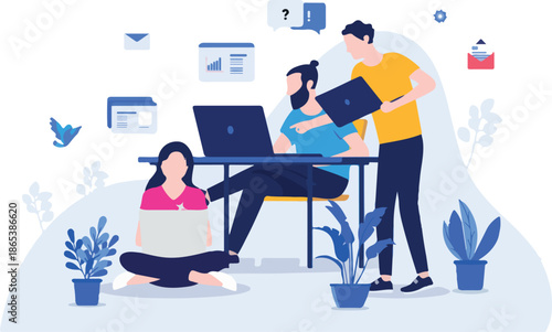 Small team working on project, creative leader pointing at computer screen, hipster programmer, and woman sitting on floor. Creative agency, marketing team, and user experience developers concept..