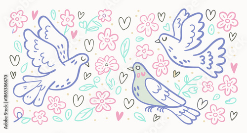 Cute doodle illustration of three doves with flowers and hearts in pastel colors
