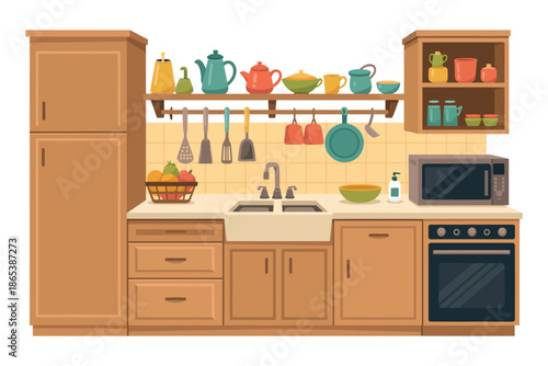 A modern kitchen with wooden cabinets and various colorful kitchen utensils and appliances