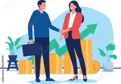 Profitable successful business deal - Two businesspeople shaking hands over agreement in front of rising money pointing up. Partnership concept in flat design vector illustration