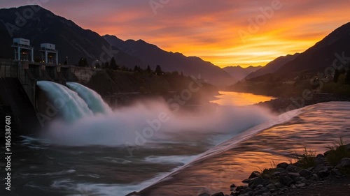 Powerful water flow from a dam at sunset against a mountain backdrop