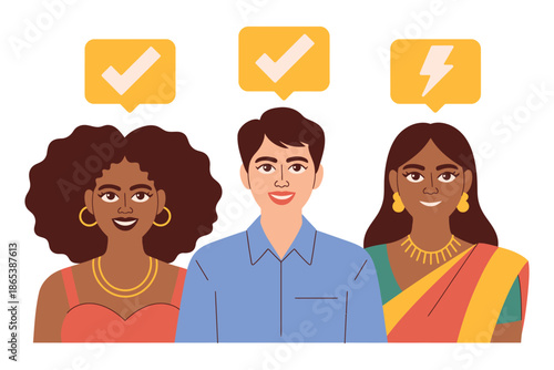 A diverse group of people with speech bubbles indicating agreement and disagreement