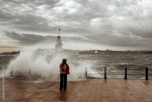 The Southwester wind is truly showing its power today, turning the usually serene Bosphorus into a dramatic, crashing spectacle around the historic Maiden's Tower.