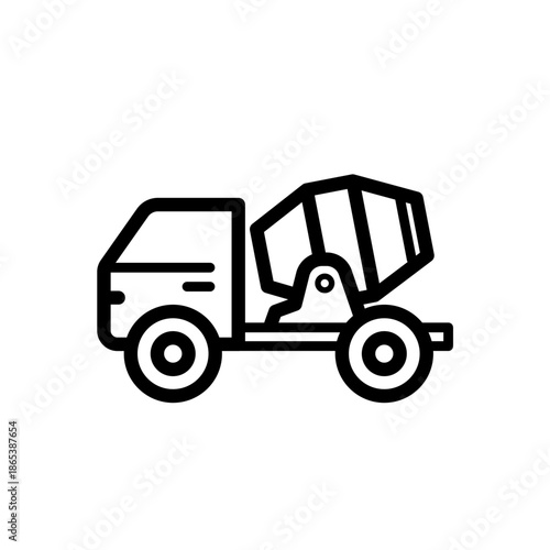 Concrete mixer truck for construction site, line vector icon