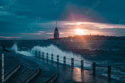 The Southwester wind is truly showing its power today, turning the usually serene Bosphorus into a dramatic, crashing spectacle around the historic Maiden's Tower.