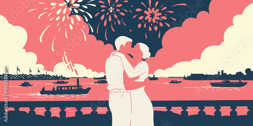 Couple's Romantic Moment Under Fireworks at Harbor