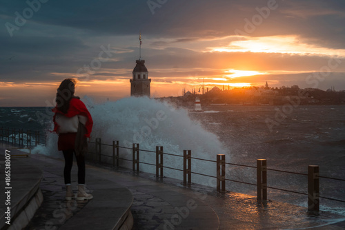The Southwester wind is truly showing its power today, turning the usually serene Bosphorus into a dramatic, crashing spectacle around the historic Maiden's Tower.