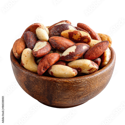 Wooden bowl filled with brazil nuts isolated on transparent background