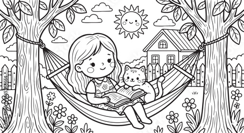 A little girl and her cat enjoying a book in a peaceful backyard hammock