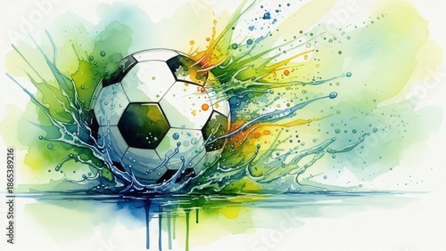 Soccer Ball Splash: A vibrant, watercolor-style image depicts a soccer ball colliding with water, creating a dynamic splash of color and energy. 