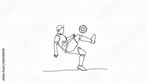 Soccer Player in Action: A dynamic line art illustration captures a soccer player in mid-air, skillfully maneuvering a ball with his foot in a moment of athletic prowess.