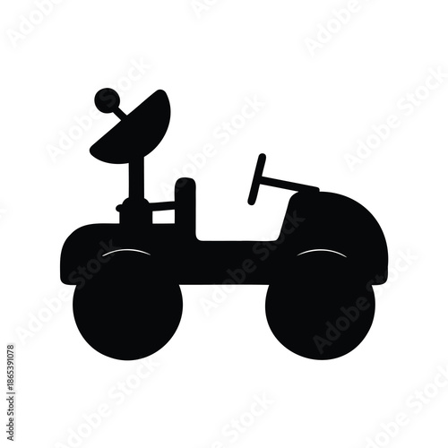 Silhouette of a futuristic moon rover featuring a satellite antenna symbol