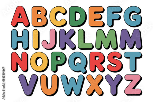 A colorful illustration of the alphabet with large, bold letters in various bright colors.