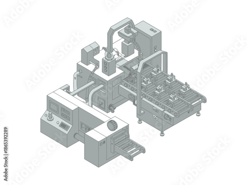 A 3D rendering of an industrial machine with various components and control panels