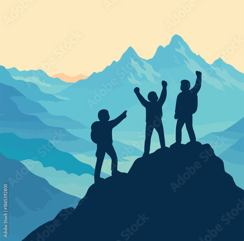 Silhouette of three hikers celebrating on mountain summit. Black outlines of people with raised arms and backpacks against blue layered peaks and beige sky gradient.
