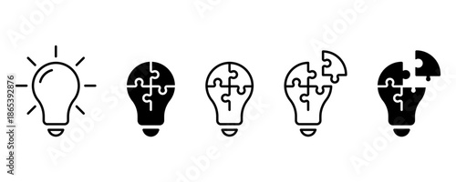 Creative light bulb icon with puzzle pieces symbolizing innovation, strategy, ideas, thinking, problem solving  and innovation in minimal outline style for business ideas