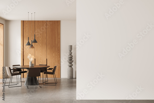 Φωτογραφία Modern dining room interior with round table, pendant lights, wood panel wall and blank white wall for design presentation or poster mockup concept