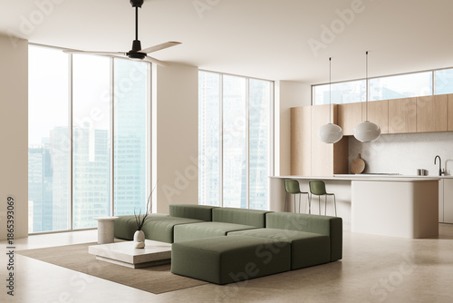 Modern minimalist open-plan living room and kitchen with green modular sofa and panoramic city views in natural light interior design concept. 3D Rendering