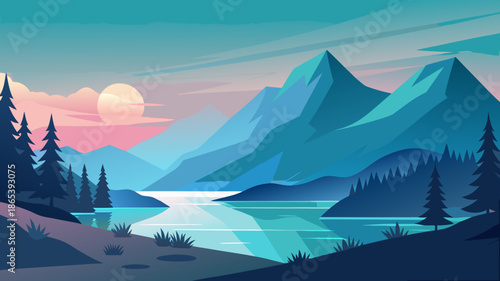 Stylized minimalist landscape illustration of serene mountains, a tranquil lake reflecting a colorful sunset, and pine trees, evoking peaceful nature's beauty