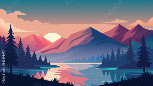 Tranquil Mountain Lake at Sunset with Pine Trees and Reflection