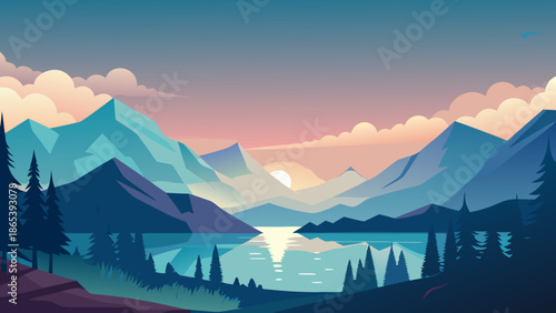 Serene mountain landscape with a tranquil lake reflecting the vibrant sunset sky, a picturesque natural scene