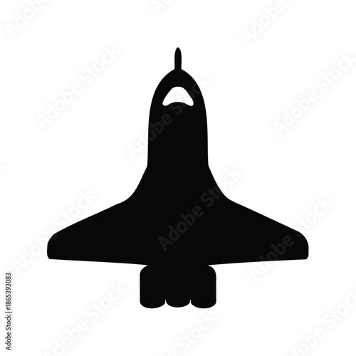 A bold black silhouette of a space shuttle ascending into orbit