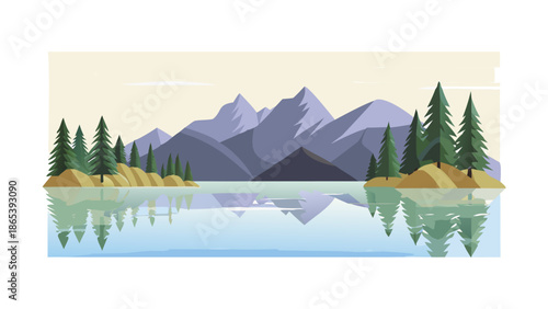 Serene Mountain Lake Landscape with Evergreen Trees and Reflecting Waters