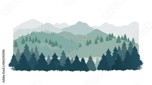 Serene mountain landscape with a dense forest of pine trees in a cool, muted color palette, evoking a sense of tranquility and nature's beauty