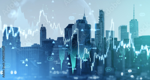 Digital financial chart with forex and crypto trade holograms over city skyline background illustrating investment and market data concept. © ImageFlow
