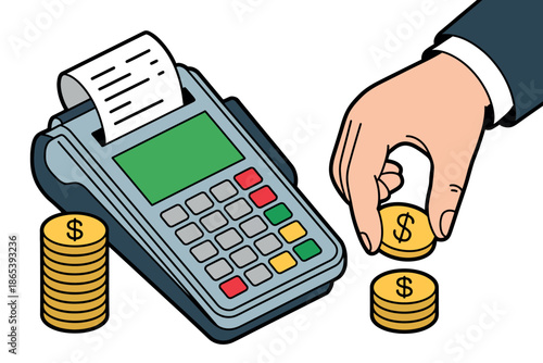 A hand holding a coin next to a payment terminal with stacks of coins and a receipt printing.