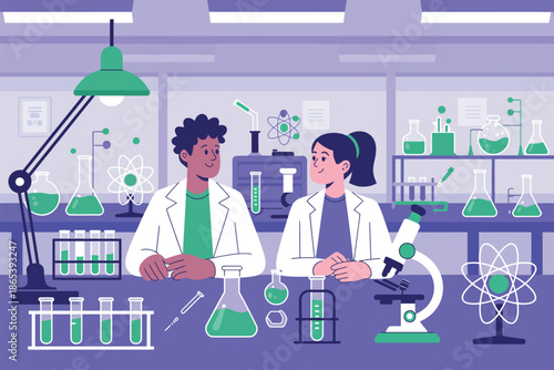 Two scientists working together in a modern laboratory with various equipment and green chemicals