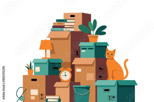 A playful orange cat sits on top of a large pile of cardboard boxes and household items