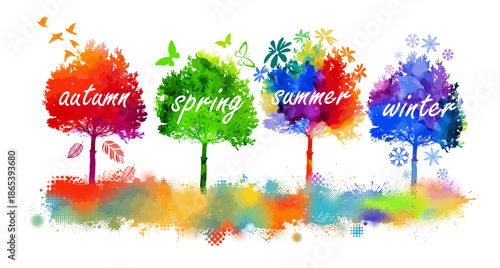 Trees are colorful at different times of the year. hand drawing. Not AI Vector illustration.