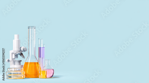 Laboratory glassware with colorful liquid and microscope on blue background, minimal style still life with scientific equipment for research and analysis