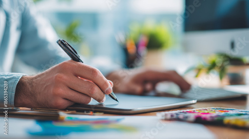 “Business Person Using Tablet and Pen at Coworking Desk for Design and App Development”