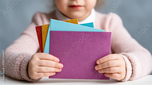 Child holding colorful envelopes close up, soft pink sweater and blurred background create warm and gentle atmosphere in this minimal style image